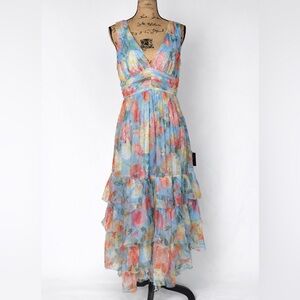 NWT Lulus Blue Floral Chiffon Midi Dress Women’s Size L Glitter Tiered V-Neck